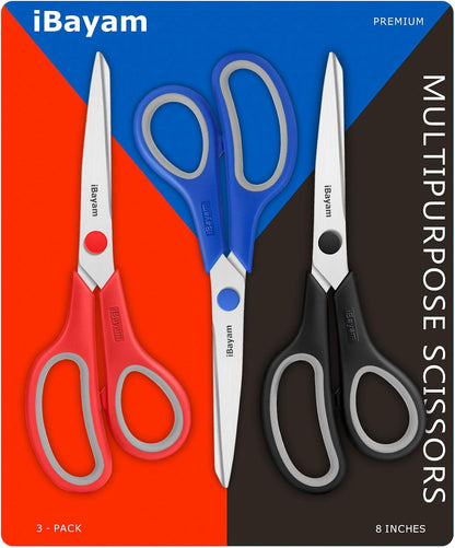iBayam 8.5" Heavy Duty Scissors All Purpose for Office School Crafts Sewing | 3-Pack, Ultra-Sharp 2.5mm Stainless Blades, Comfort Grip Handles, Left & Right Handed – Teacher Desk & Classroom Must-Have