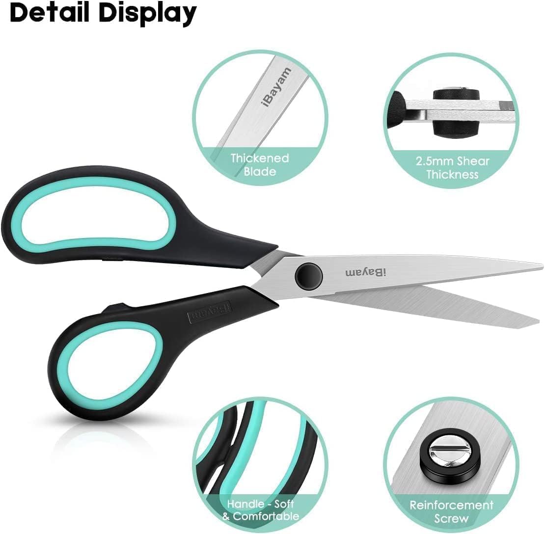 iBayam 8.5" Heavy Duty Scissors All Purpose for Office School Crafts Sewing | 3-Pack, Ultra-Sharp 2.5mm Stainless Blades, Comfort Grip Handles, Left & Right Handed – Teacher Desk & Classroom Must-Have