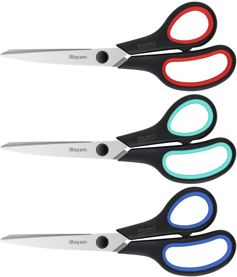 iBayam 8.5" Heavy Duty Scissors All Purpose for Office School Crafts Sewing | 3-Pack, Ultra-Sharp 2.5mm Stainless Blades, Comfort Grip Handles, Left & Right Handed – Teacher Desk & Classroom Must-Have