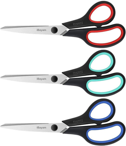 iBayam 8.5" Heavy Duty Scissors All Purpose for Office School Crafts Sewing | 3-Pack, Ultra-Sharp 2.5mm Stainless Blades, Comfort Grip Handles, Left & Right Handed – Teacher Desk & Classroom Must-Have