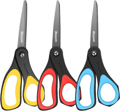 iBayam 8.5" Heavy Duty Scissors All Purpose for Office School Crafts Sewing | 3-Pack, Ultra-Sharp 2.5mm Stainless Blades, Comfort Grip Handles, Left & Right Handed – Teacher Desk & Classroom Must-Have