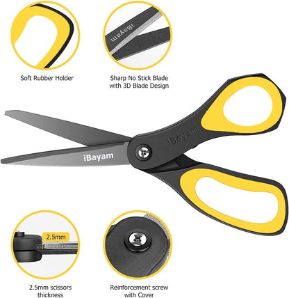 iBayam 8.5" Heavy Duty Scissors All Purpose for Office School Crafts Sewing | 3-Pack, Ultra-Sharp 2.5mm Stainless Blades, Comfort Grip Handles, Left & Right Handed – Teacher Desk & Classroom Must-Have