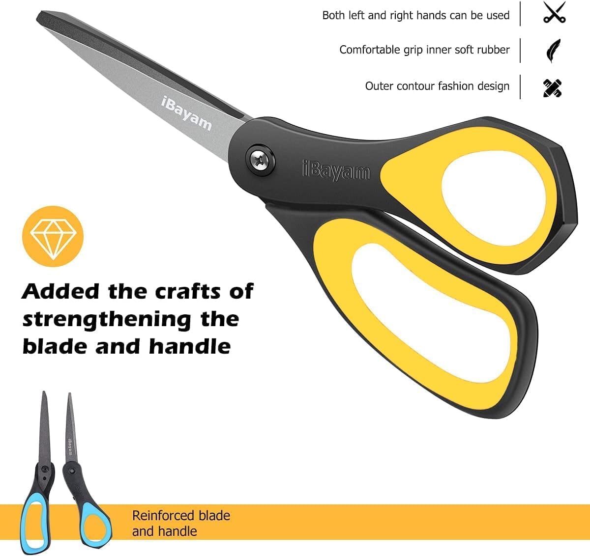 iBayam 8.5" Heavy Duty Scissors All Purpose for Office School Crafts Sewing | 3-Pack, Ultra-Sharp 2.5mm Stainless Blades, Comfort Grip Handles, Left & Right Handed – Teacher Desk & Classroom Must-Have