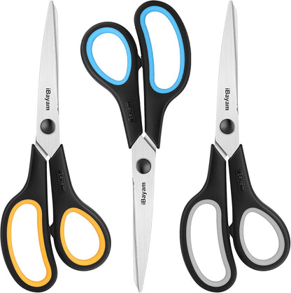 iBayam 8.5" Heavy Duty Scissors All Purpose for Office School Crafts Sewing | 3-Pack, Ultra-Sharp 2.5mm Stainless Blades, Comfort Grip Handles, Left & Right Handed – Teacher Desk & Classroom Must-Have