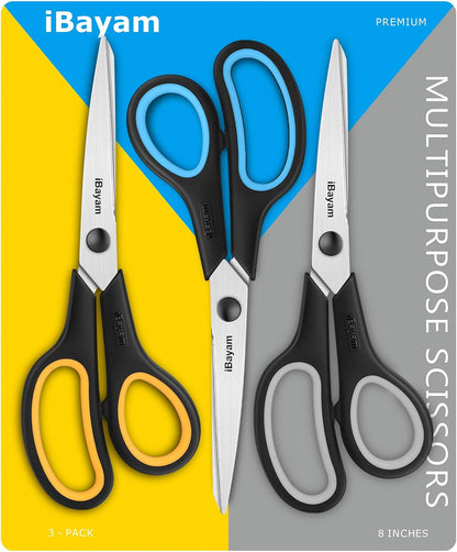 iBayam 8.5" Heavy Duty Scissors All Purpose for Office School Crafts Sewing | 3-Pack, Ultra-Sharp 2.5mm Stainless Blades, Comfort Grip Handles, Left & Right Handed – Teacher Desk & Classroom Must-Have