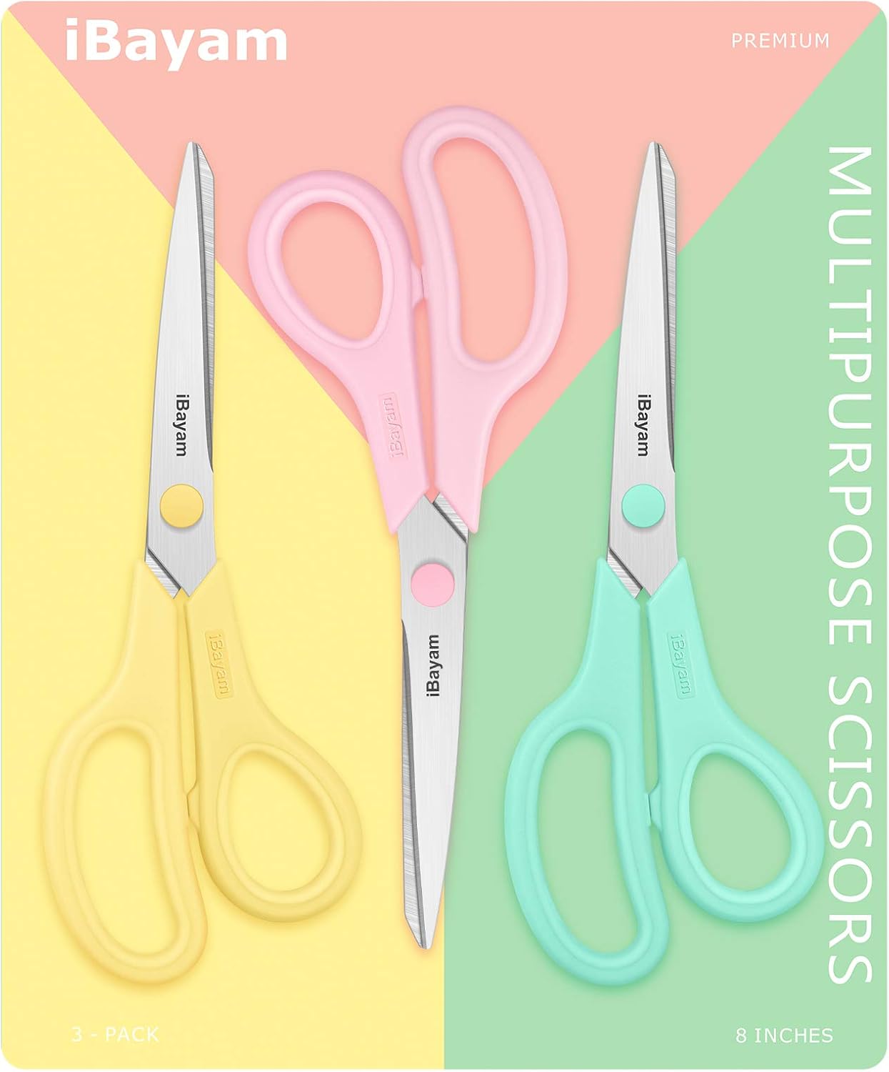 iBayam 8.5" Heavy Duty Scissors All Purpose for Office School Crafts Sewing | 3-Pack, Ultra-Sharp 2.5mm Stainless Blades, Comfort Grip Handles, Left & Right Handed – Teacher Desk & Classroom Must-Have