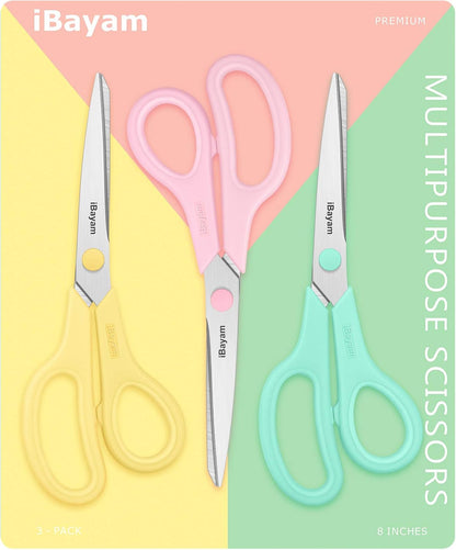 iBayam 8.5" Heavy Duty Scissors All Purpose for Office School Crafts Sewing | 3-Pack, Ultra-Sharp 2.5mm Stainless Blades, Comfort Grip Handles, Left & Right Handed – Teacher Desk & Classroom Must-Have