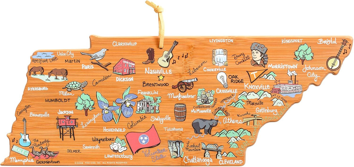 Tennessee State Shaped Cutting Board, Art by Fish Kiss | State charcuterie board with colorful hand-drawn map artwork. Smooth reverse side for food prep. Hang tie for wall display. - Colors B