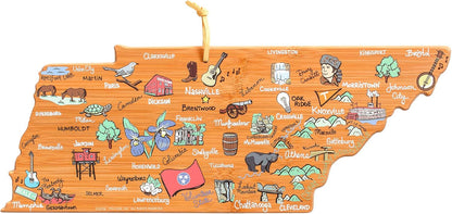 Tennessee State Shaped Cutting Board, Art by Fish Kiss | State charcuterie board with colorful hand-drawn map artwork. Smooth reverse side for food prep. Hang tie for wall display. - Colors B