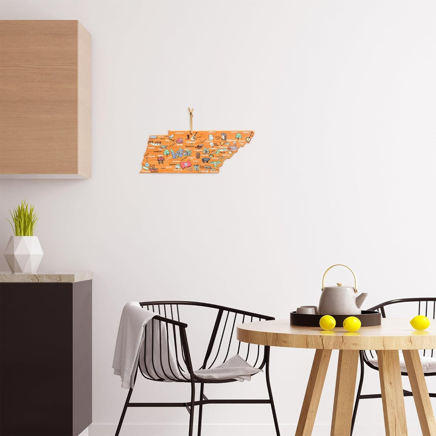 Tennessee State Shaped Cutting Board, Art by Fish Kiss | State charcuterie board with colorful hand-drawn map artwork. Smooth reverse side for food prep. Hang tie for wall display. - Colors B