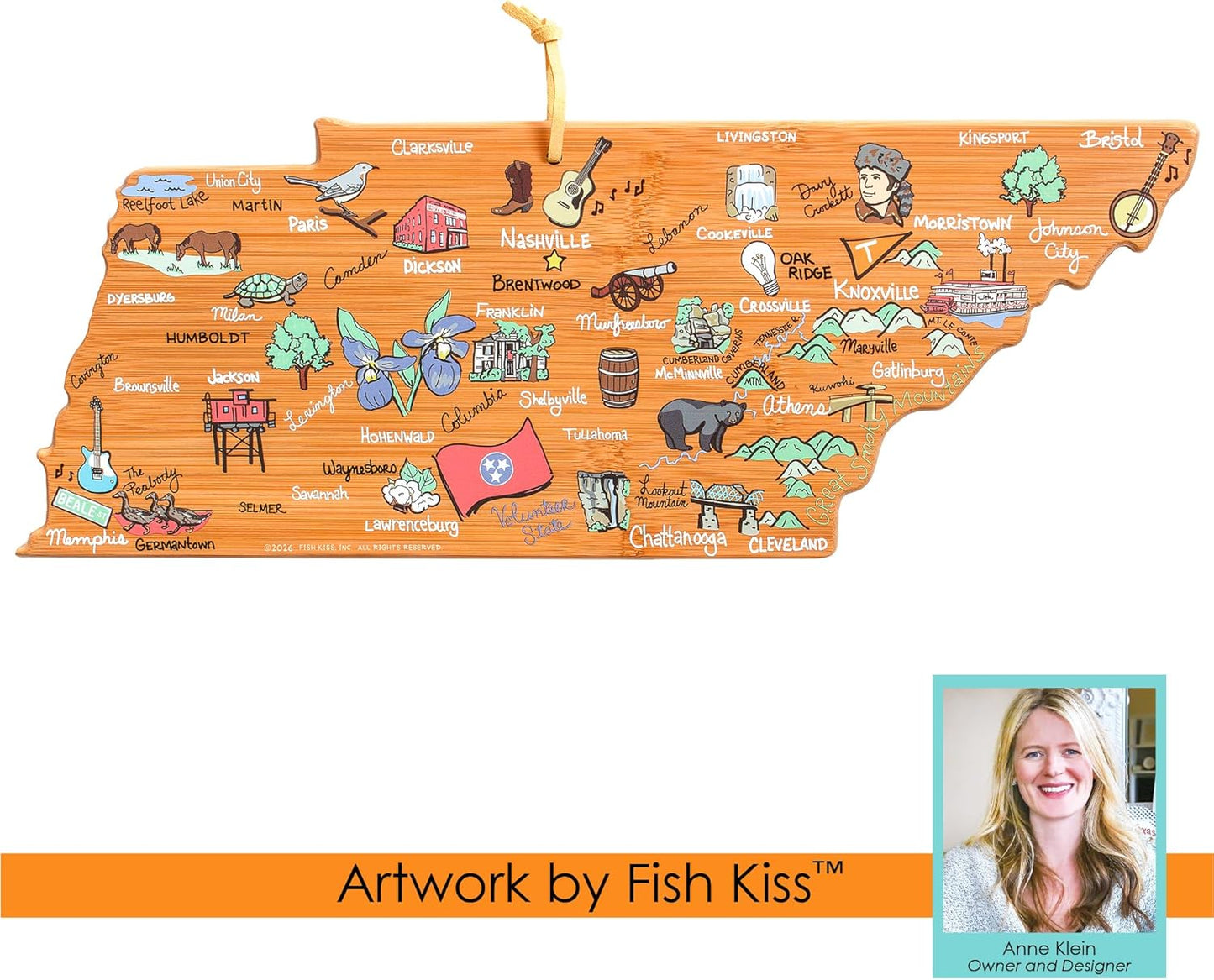 Tennessee State Shaped Cutting Board, Art by Fish Kiss | State charcuterie board with colorful hand-drawn map artwork. Smooth reverse side for food prep. Hang tie for wall display. - Colors B