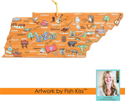 Tennessee State Shaped Cutting Board, Art by Fish Kiss | State charcuterie board with colorful hand-drawn map artwork. Smooth reverse side for food prep. Hang tie for wall display. - Colors B