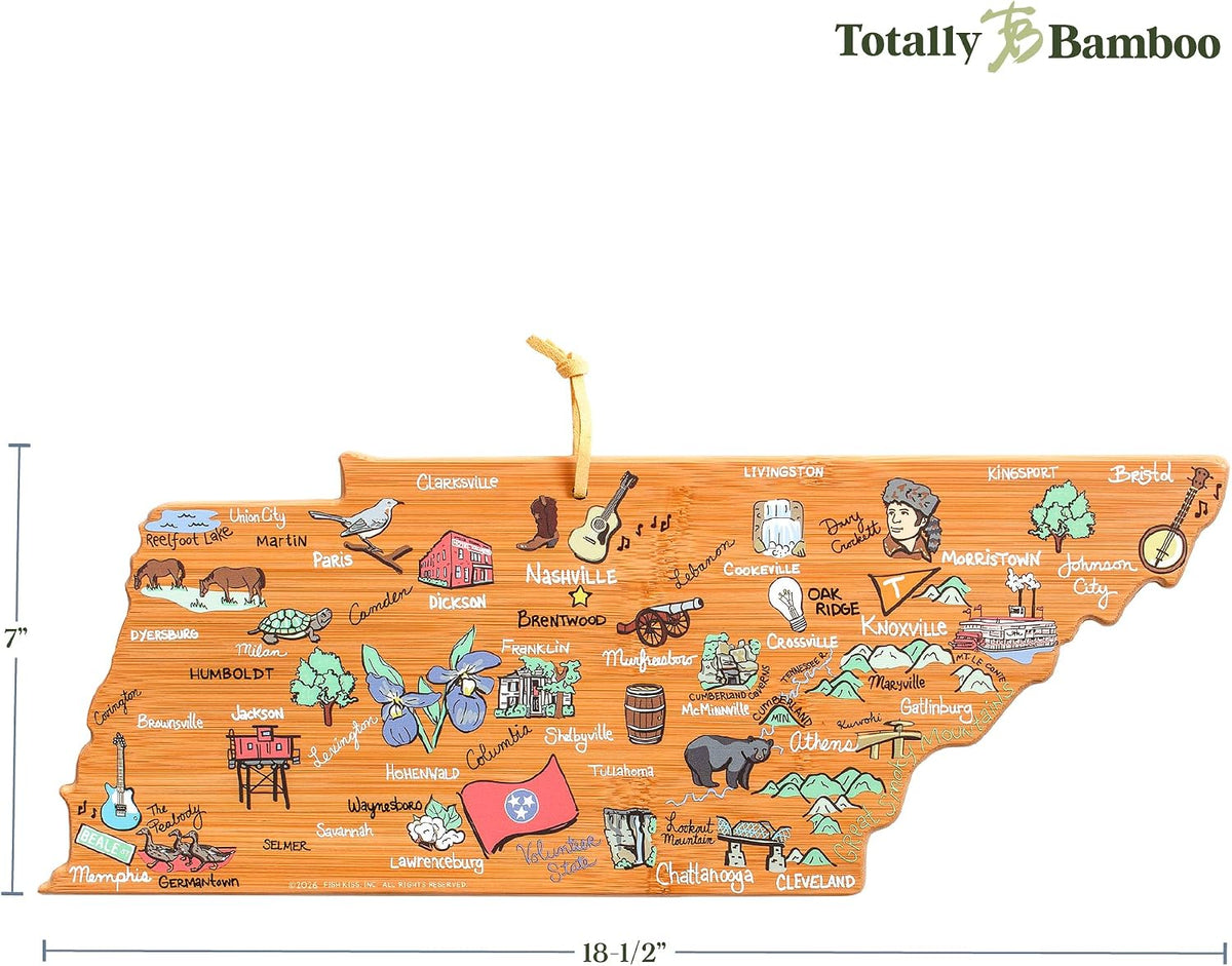 Tennessee State Shaped Cutting Board, Art by Fish Kiss | State charcuterie board with colorful hand-drawn map artwork. Smooth reverse side for food prep. Hang tie for wall display. - Colors B