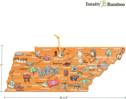 Tennessee State Shaped Cutting Board, Art by Fish Kiss | State charcuterie board with colorful hand-drawn map artwork. Smooth reverse side for food prep. Hang tie for wall display. - Colors B