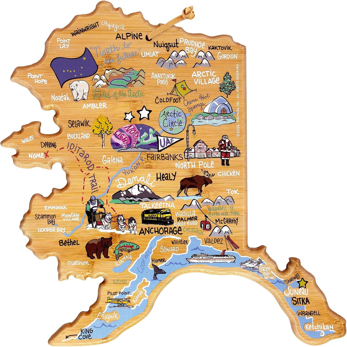 Tennessee State Shaped Cutting Board, Art by Fish Kiss | State charcuterie board with colorful hand-drawn map artwork. Smooth reverse side for food prep. Hang tie for wall display. - Colors B