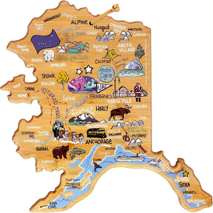 Tennessee State Shaped Cutting Board, Art by Fish Kiss | State charcuterie board with colorful hand-drawn map artwork. Smooth reverse side for food prep. Hang tie for wall display. - Colors B
