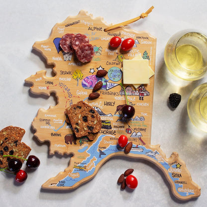 Tennessee State Shaped Cutting Board, Art by Fish Kiss | State charcuterie board with colorful hand-drawn map artwork. Smooth reverse side for food prep. Hang tie for wall display. - Colors B