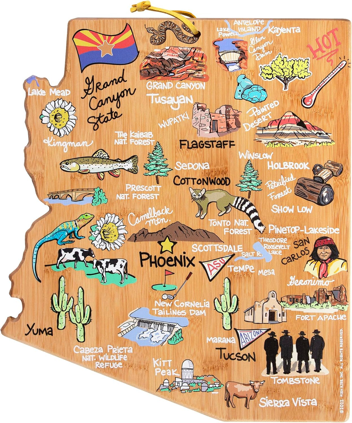Tennessee State Shaped Cutting Board, Art by Fish Kiss | State charcuterie board with colorful hand-drawn map artwork. Smooth reverse side for food prep. Hang tie for wall display. - Colors B