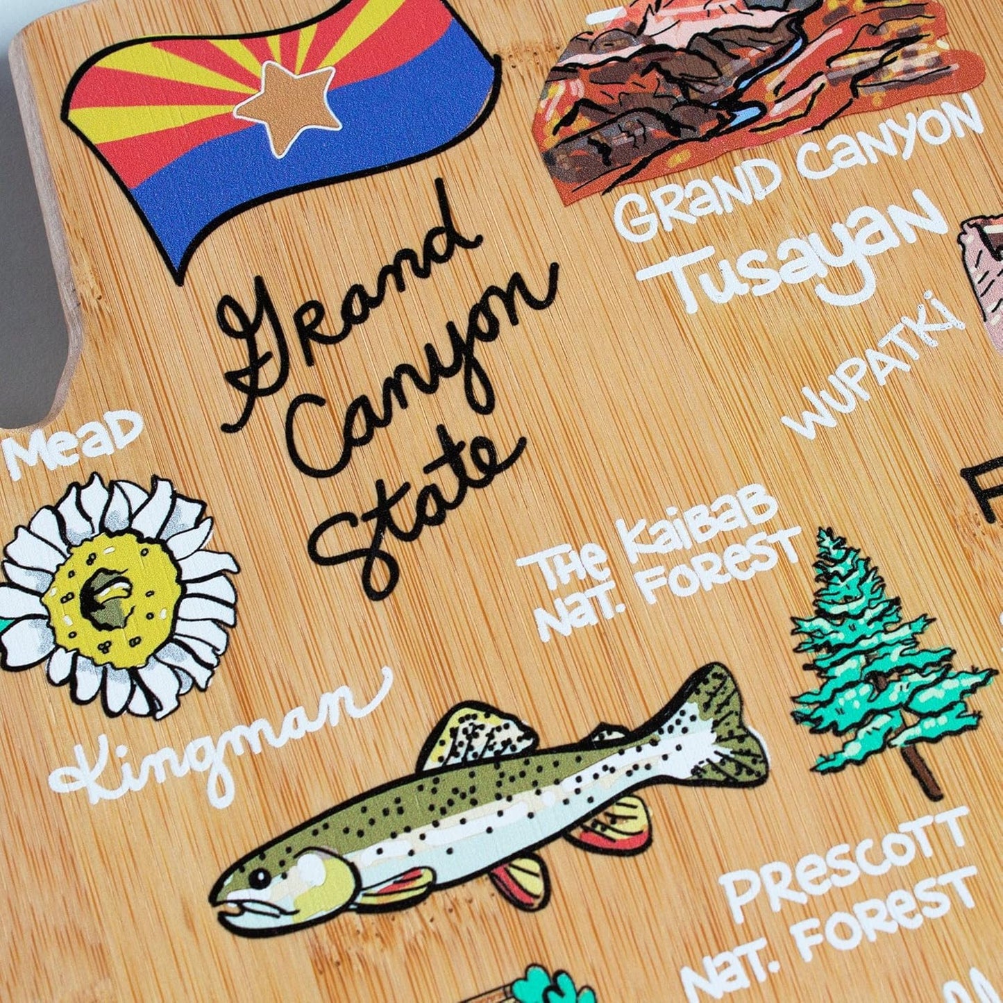 Tennessee State Shaped Cutting Board, Art by Fish Kiss | State charcuterie board with colorful hand-drawn map artwork. Smooth reverse side for food prep. Hang tie for wall display. - Colors B