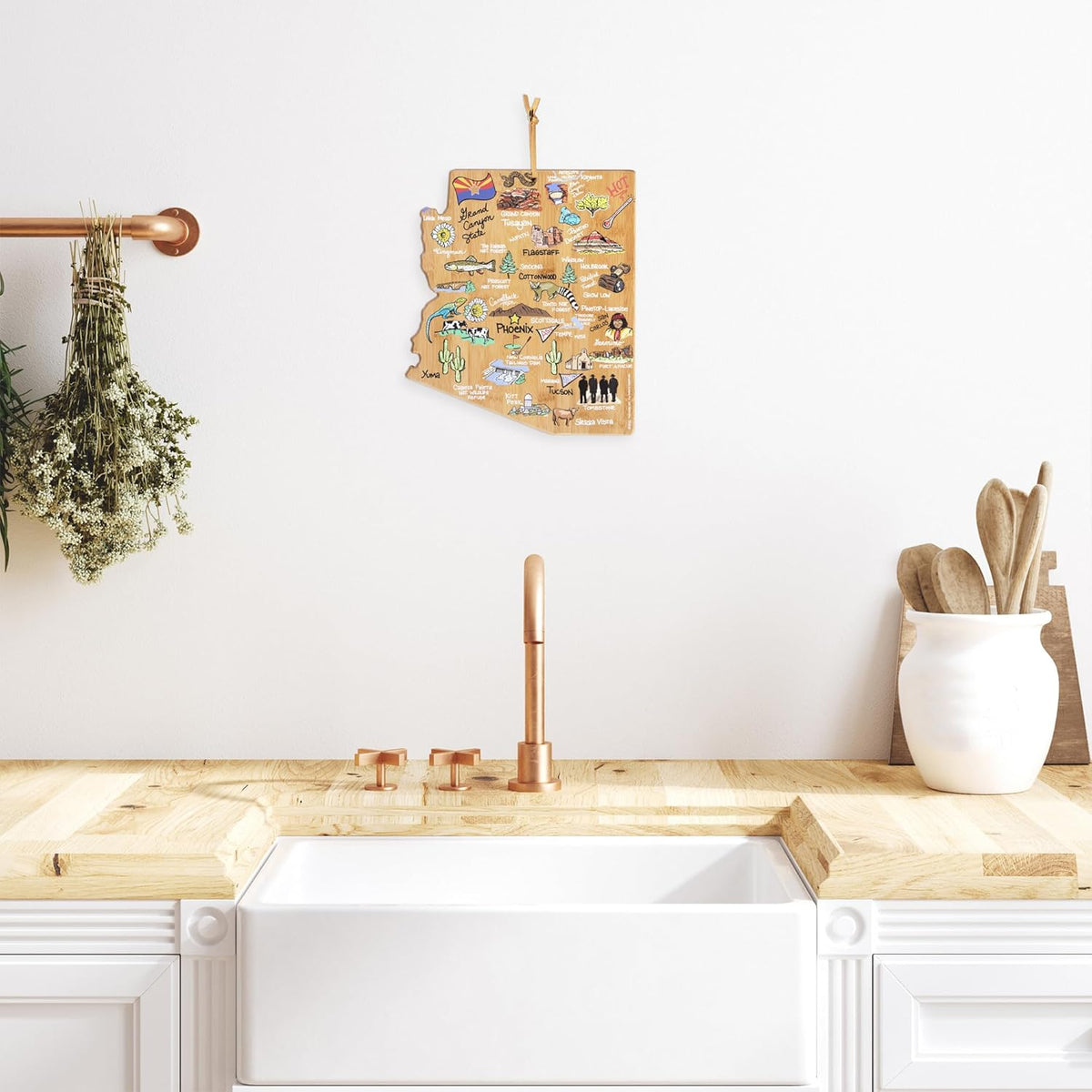 Tennessee State Shaped Cutting Board, Art by Fish Kiss | State charcuterie board with colorful hand-drawn map artwork. Smooth reverse side for food prep. Hang tie for wall display. - Colors B