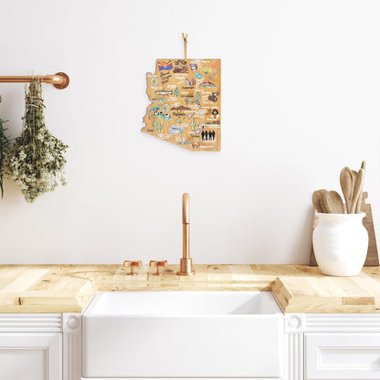 Tennessee State Shaped Cutting Board, Art by Fish Kiss | State charcuterie board with colorful hand-drawn map artwork. Smooth reverse side for food prep. Hang tie for wall display. - Colors B