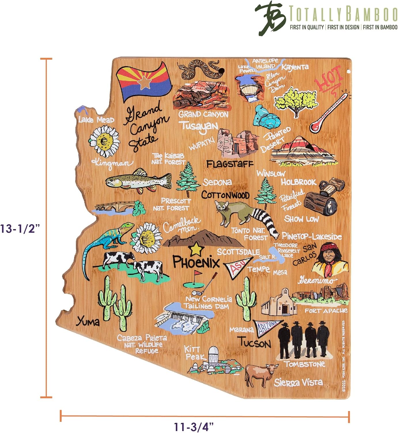 Tennessee State Shaped Cutting Board, Art by Fish Kiss | State charcuterie board with colorful hand-drawn map artwork. Smooth reverse side for food prep. Hang tie for wall display. - Colors B