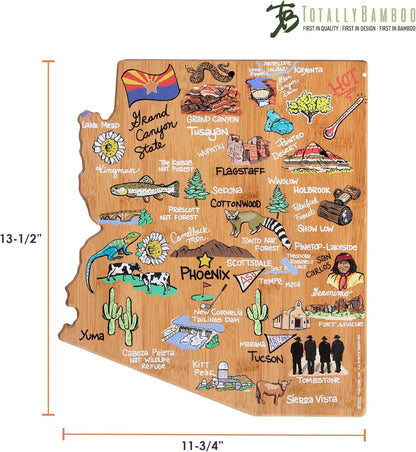 Tennessee State Shaped Cutting Board, Art by Fish Kiss | State charcuterie board with colorful hand-drawn map artwork. Smooth reverse side for food prep. Hang tie for wall display. - Colors B