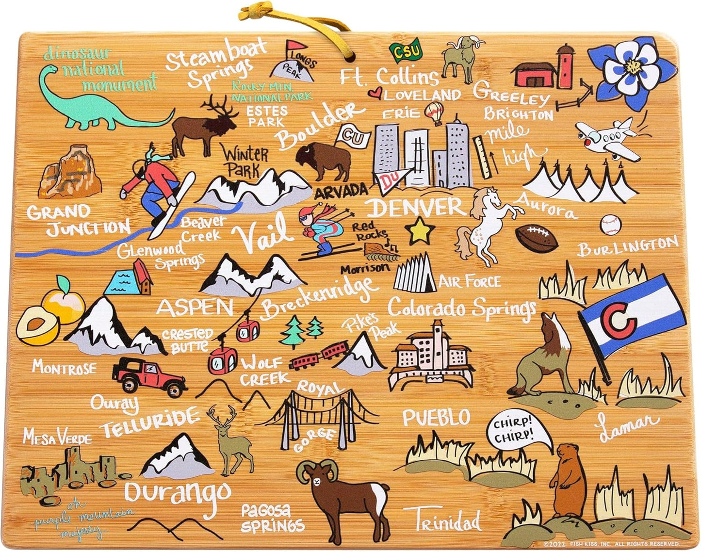 Tennessee State Shaped Cutting Board, Art by Fish Kiss | State charcuterie board with colorful hand-drawn map artwork. Smooth reverse side for food prep. Hang tie for wall display. - Colors B