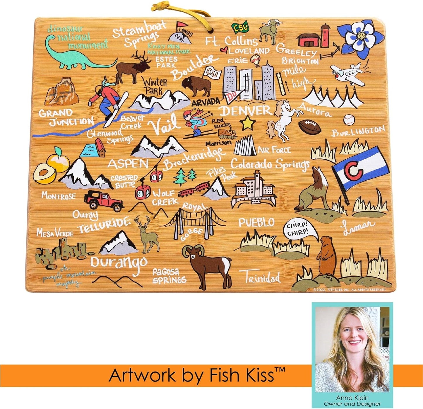 Tennessee State Shaped Cutting Board, Art by Fish Kiss | State charcuterie board with colorful hand-drawn map artwork. Smooth reverse side for food prep. Hang tie for wall display. - Colors B