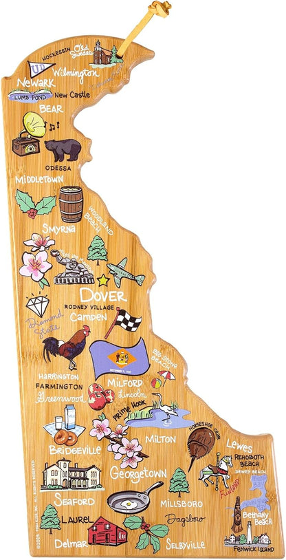 Tennessee State Shaped Cutting Board, Art by Fish Kiss | State charcuterie board with colorful hand-drawn map artwork. Smooth reverse side for food prep. Hang tie for wall display. - Colors B
