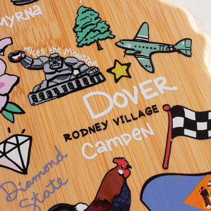 Tennessee State Shaped Cutting Board, Art by Fish Kiss | State charcuterie board with colorful hand-drawn map artwork. Smooth reverse side for food prep. Hang tie for wall display. - Colors B