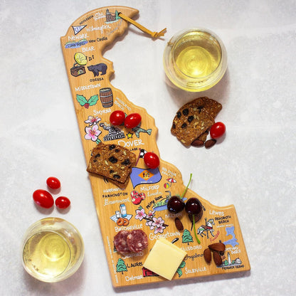 Tennessee State Shaped Cutting Board, Art by Fish Kiss | State charcuterie board with colorful hand-drawn map artwork. Smooth reverse side for food prep. Hang tie for wall display. - Colors B