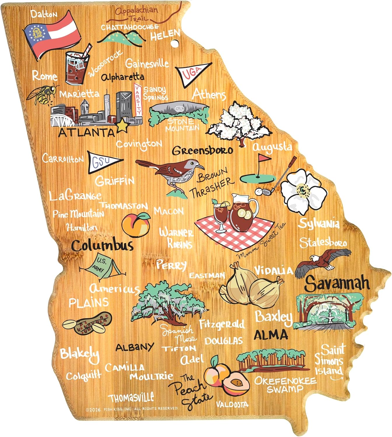 Tennessee State Shaped Cutting Board, Art by Fish Kiss | State charcuterie board with colorful hand-drawn map artwork. Smooth reverse side for food prep. Hang tie for wall display. - Colors B