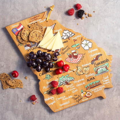 Tennessee State Shaped Cutting Board, Art by Fish Kiss | State charcuterie board with colorful hand-drawn map artwork. Smooth reverse side for food prep. Hang tie for wall display. - Colors B