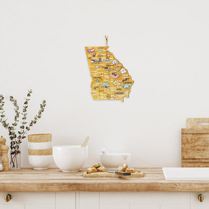 Tennessee State Shaped Cutting Board, Art by Fish Kiss | State charcuterie board with colorful hand-drawn map artwork. Smooth reverse side for food prep. Hang tie for wall display. - Colors B