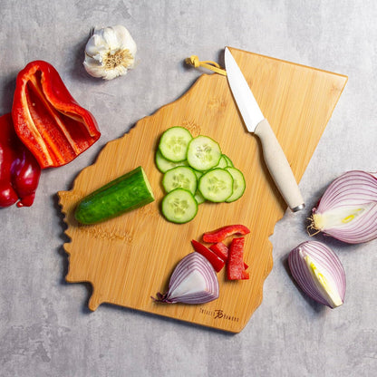 Tennessee State Shaped Cutting Board, Art by Fish Kiss | State charcuterie board with colorful hand-drawn map artwork. Smooth reverse side for food prep. Hang tie for wall display. - Colors B