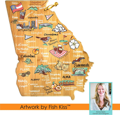 Tennessee State Shaped Cutting Board, Art by Fish Kiss | State charcuterie board with colorful hand-drawn map artwork. Smooth reverse side for food prep. Hang tie for wall display. - Colors B
