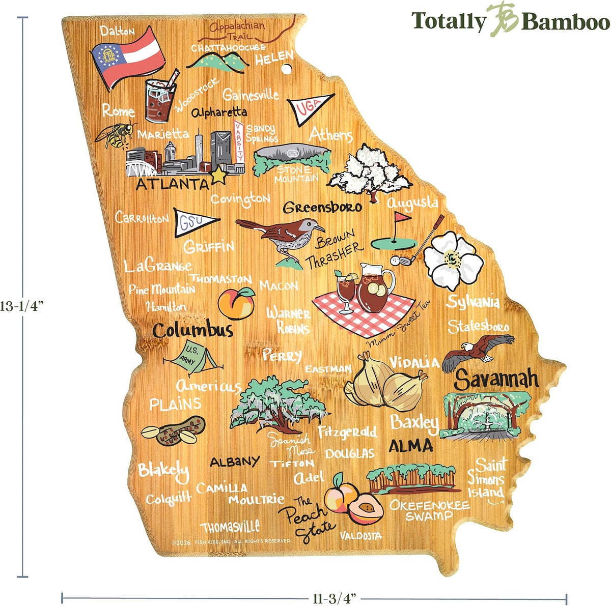 Tennessee State Shaped Cutting Board, Art by Fish Kiss | State charcuterie board with colorful hand-drawn map artwork. Smooth reverse side for food prep. Hang tie for wall display. - Colors B
