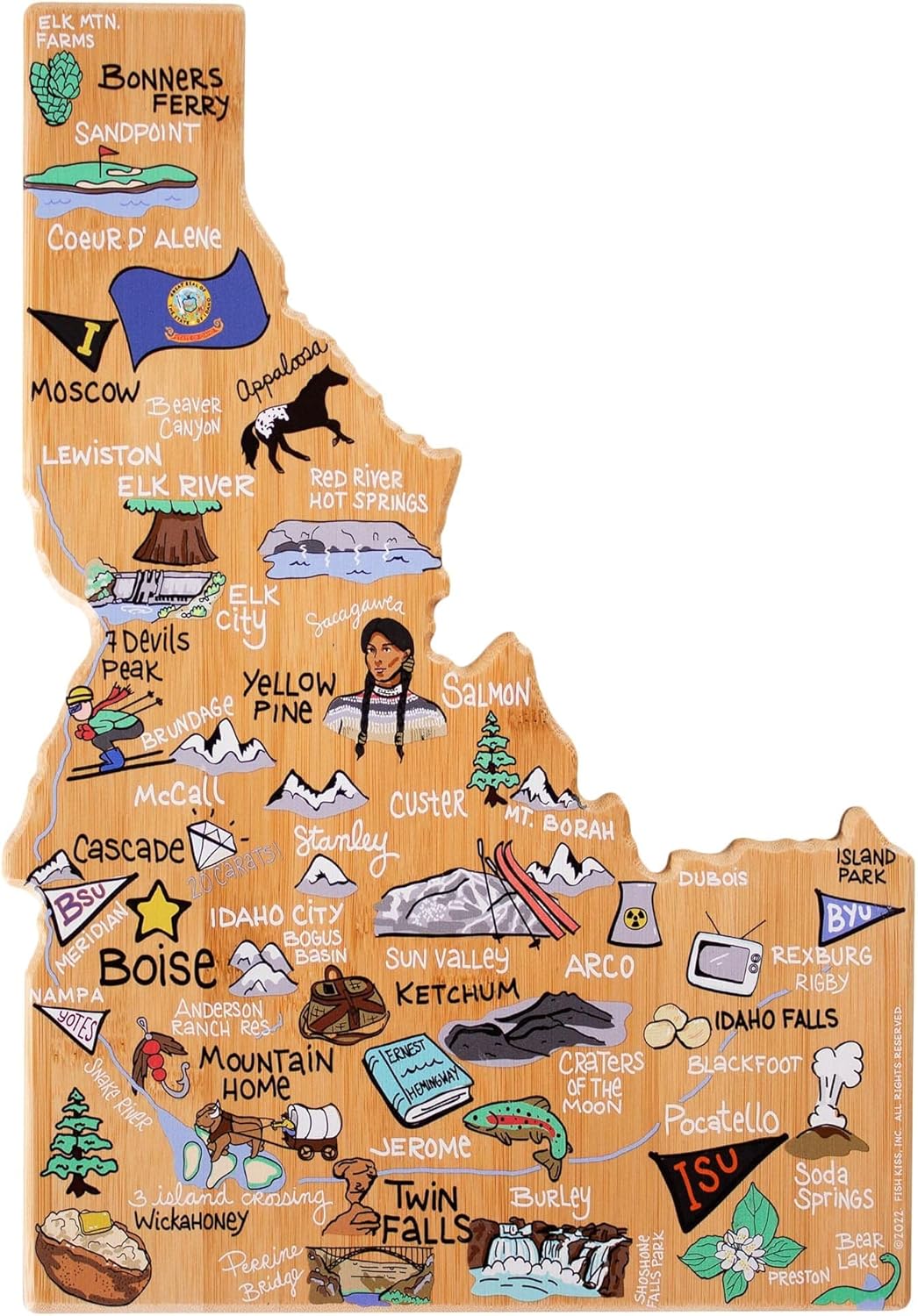 Tennessee State Shaped Cutting Board, Art by Fish Kiss | State charcuterie board with colorful hand-drawn map artwork. Smooth reverse side for food prep. Hang tie for wall display. - Colors B