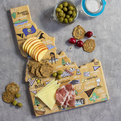Tennessee State Shaped Cutting Board, Art by Fish Kiss | State charcuterie board with colorful hand-drawn map artwork. Smooth reverse side for food prep. Hang tie for wall display. - Colors B