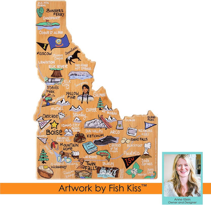 Tennessee State Shaped Cutting Board, Art by Fish Kiss | State charcuterie board with colorful hand-drawn map artwork. Smooth reverse side for food prep. Hang tie for wall display. - Colors B