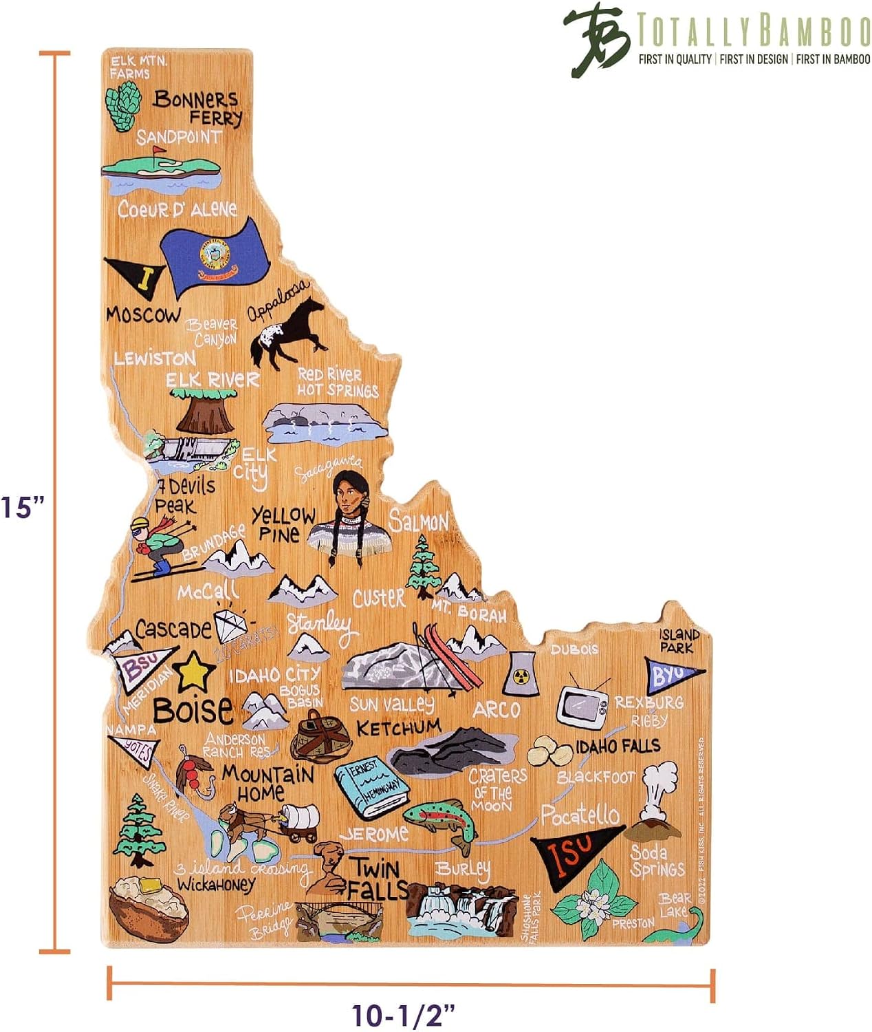 Tennessee State Shaped Cutting Board, Art by Fish Kiss | State charcuterie board with colorful hand-drawn map artwork. Smooth reverse side for food prep. Hang tie for wall display. - Colors B
