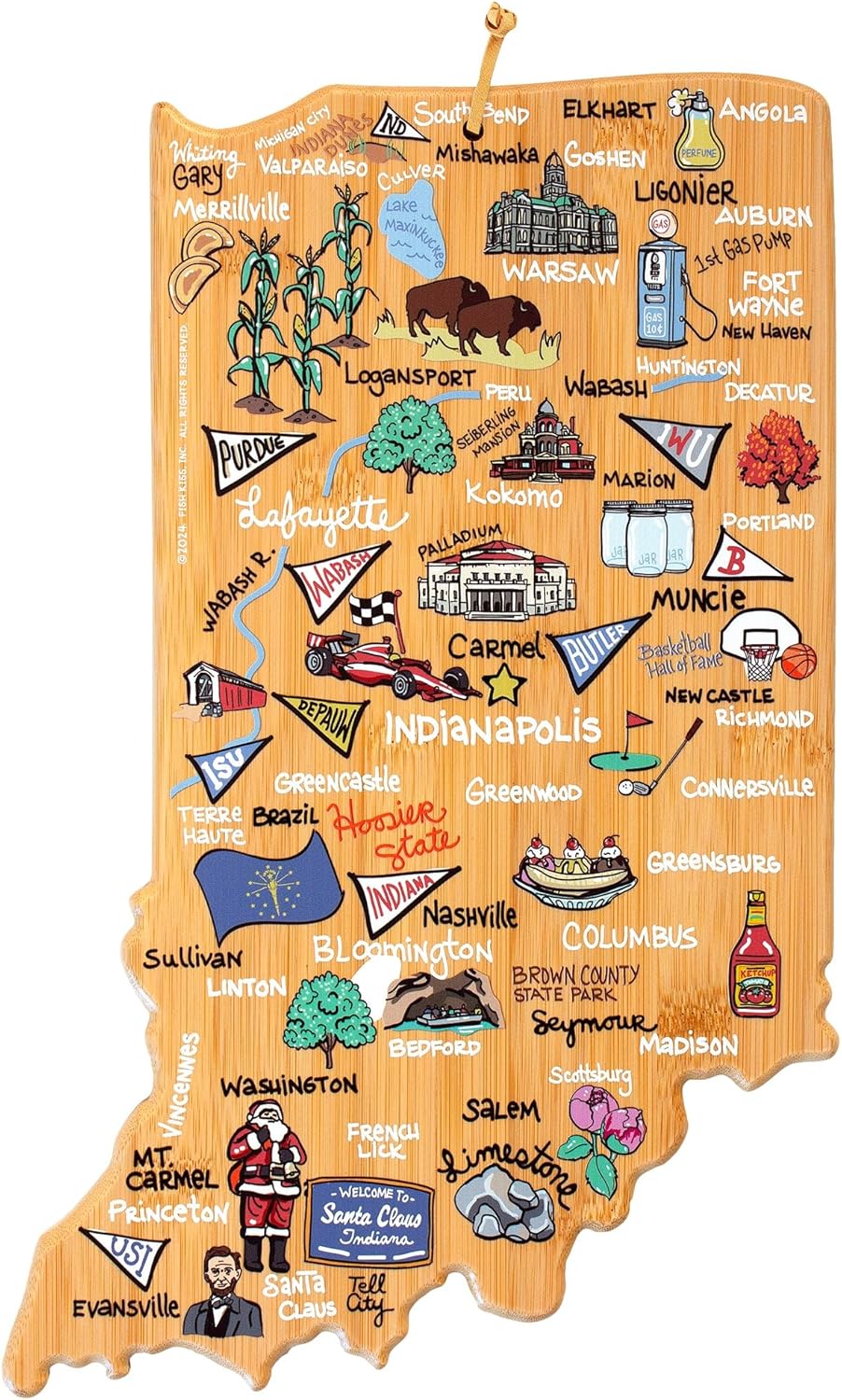 Tennessee State Shaped Cutting Board, Art by Fish Kiss | State charcuterie board with colorful hand-drawn map artwork. Smooth reverse side for food prep. Hang tie for wall display. - Colors B