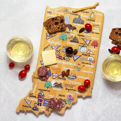 Tennessee State Shaped Cutting Board, Art by Fish Kiss | State charcuterie board with colorful hand-drawn map artwork. Smooth reverse side for food prep. Hang tie for wall display. - Colors B