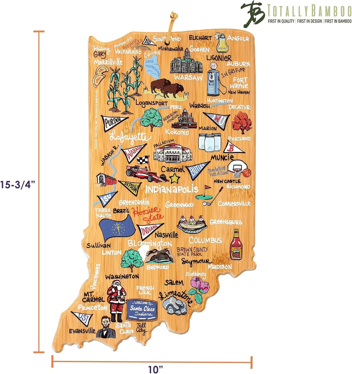 Tennessee State Shaped Cutting Board, Art by Fish Kiss | State charcuterie board with colorful hand-drawn map artwork. Smooth reverse side for food prep. Hang tie for wall display. - Colors B