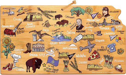 Tennessee State Shaped Cutting Board, Art by Fish Kiss | State charcuterie board with colorful hand-drawn map artwork. Smooth reverse side for food prep. Hang tie for wall display. - Colors B