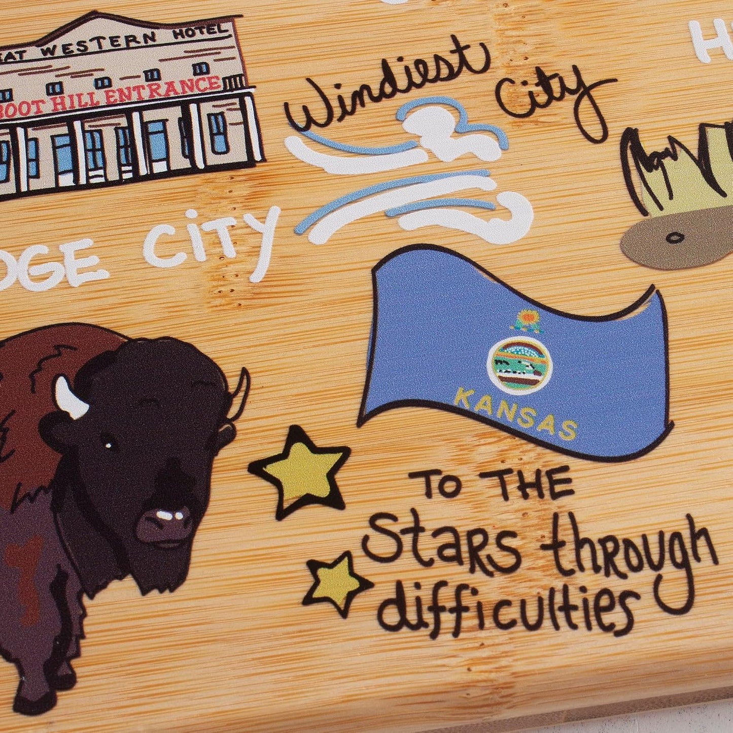 Tennessee State Shaped Cutting Board, Art by Fish Kiss | State charcuterie board with colorful hand-drawn map artwork. Smooth reverse side for food prep. Hang tie for wall display. - Colors B
