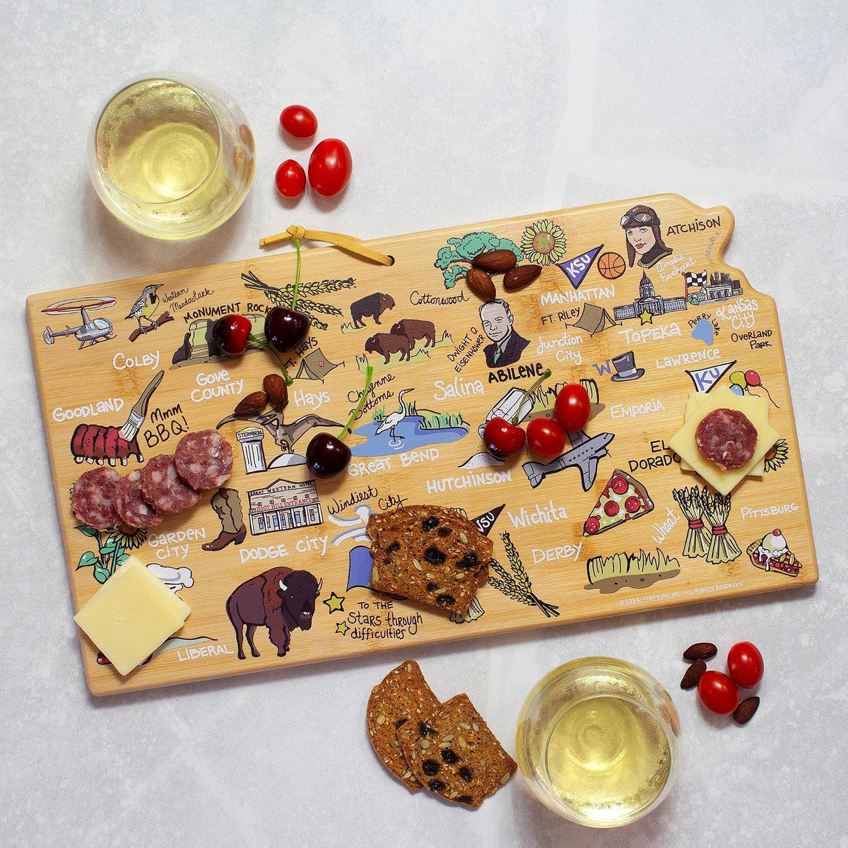 Tennessee State Shaped Cutting Board, Art by Fish Kiss | State charcuterie board with colorful hand-drawn map artwork. Smooth reverse side for food prep. Hang tie for wall display. - Colors B