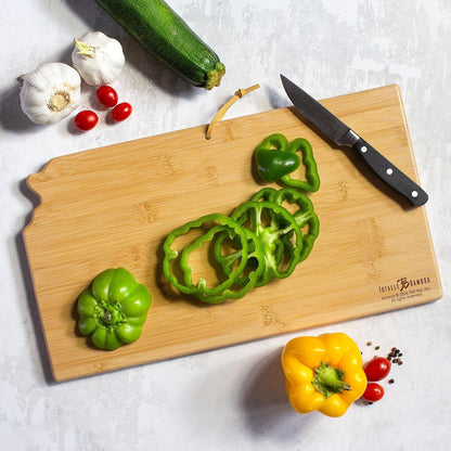 Tennessee State Shaped Cutting Board, Art by Fish Kiss | State charcuterie board with colorful hand-drawn map artwork. Smooth reverse side for food prep. Hang tie for wall display. - Colors B