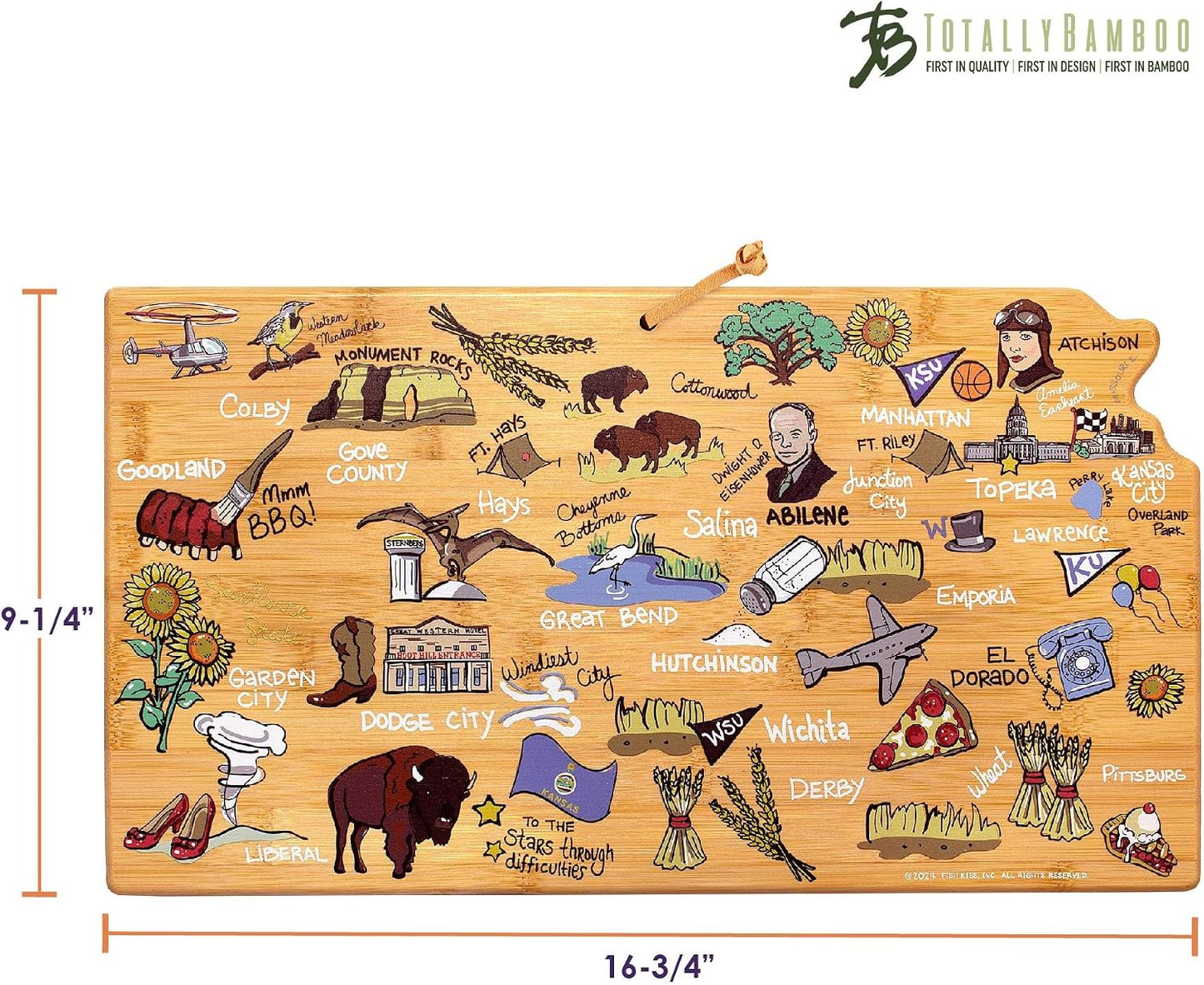 Tennessee State Shaped Cutting Board, Art by Fish Kiss | State charcuterie board with colorful hand-drawn map artwork. Smooth reverse side for food prep. Hang tie for wall display. - Colors B